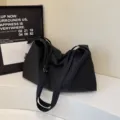 Black pleated canvas shoulder bag casual large capacity crossbody bag for women travel. - Black