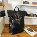 Retro black PU leather roll-top backpack casual travel school laptop rucksack for daily use - Black