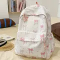 Japanese style cute pink bow print canvas backpack large capacity school bag for girls daily use - L / Pink