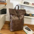 Vintage PU leather roll-top backpack for men and women, stylish casual daily travel bookbag. - Coffee