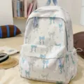 Japanese style white backpack with blue bow print, cute student bookbag for daily travel. - S / Blue