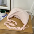Pink canvas crescent shoulder bag, stylish casual cloud bag with cute bow embroidery. - Basic Style / Pink