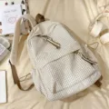 Beige plaid backpack casual school bag minimalist student bookbag with front pocket and straps - Basic Style / White and Brown