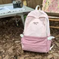 Pink and white color block casual backpack, large capacity lightweight school bookbag for women and girls. - Backpack / Pink