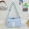 Casual light blue canvas messenger bag with three stripes, large capacity daily travel bag. - Regular Fit / Blue