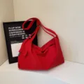 Korean style red canvas shoulder bag, casual large capacity slouchy messenger bag for women. - Red