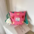 Pink canvas crossbody bag with cute heart pattern and plush pendant, daily casual shoulder bag. - Pink (No Charm)