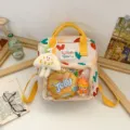 Cute canvas backpack with heart pattern, transparent pocket and plush decor for travel. - Beige (No Charm)