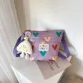 Purple canvas shoulder bag for women, cute heart print daily crossbody bag with plush charm. - Purple (No Pendant)