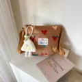 Cute Heart Print Canvas Crossbody Shoulder Bag For Women Casual Daily Use New Style Bag - Tan (Without Pendant)