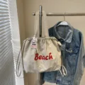 Sac cabas fourre-tout cordon nylon beige léger décontracté sac à dos épaule lettre rouge - Blanc Cassé