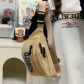 Japanese style canvas chest bag, casual unisex crossbody bag with blue embroidery. - Khaki