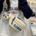 Canvas chest bag for women and men, casual versatile student crossbody sling bag. - Off-White with Toy Dog Charm