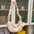 Pink canvas crossbody cloud bag for women, casual pleated shoulder bag with cute charm. - With Pendant / Pink