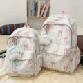 Japanese sweet bow print school backpack with cute plush keychain for teen girls large capacity - Small (With Blue Star Keychain) / Pink