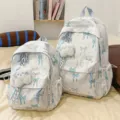 Blue bow print canvas backpack student school bag variant color cute plush pendant daily travel. - Small (With Blue Star Keychain) / Blue