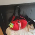 Red large capacity casual sports travel crossbody duffel bag with white stripes. - Red and Sunflower