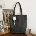 Dark grey canvas tote bag casual retro large capacity shoulder bag with cute fluffy pendant. - Single Bag / Dark Brown