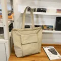 Eenvoudige effen canvas tote tas met trekkoord, casual schoudertas voor dagelijks pendelen en werk. - Khaki