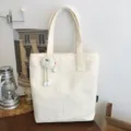 Simple vintage large capacity canvas tote bag with cute plush charm and bottom embroidery. - Single Bag / Pure White