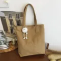 Retro casual canvas tote bag with cute furry charm, large capacity shoulder bag for women. - Single Bag / Brown