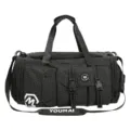 Black grid large capacity sports gym bag with multiple pockets and shoulder strap - Black