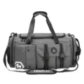 Gray grid pattern large capacity travel duffel bag with multiple pockets and shoulder strap - Gray