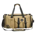 Khaki grid travel duffel bag gym sports bag with multi pockets and black straps variant - Khaki