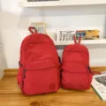 Lightweight waterproof red grid backpack travel daypack set simple casual school bag - Red