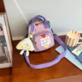 Purple Canvas Crossbody Bag Cute Heart Pattern Small Casual Shoulder Bag For Women Daily Out - Purple + Cheese Pendant