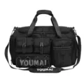 Black multi-functional gym duffel bag with multiple pockets, large capacity travel sports bag. - Black