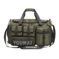 Large capacity army green travel duffel gym sports bag with multiple pockets and shoulder strap. - Army Green