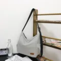 Casual grey canvas shoulder bag, large capacity daily crossbody messenger bag for women. - Gray