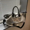 Women large capacity travel duffel bag lightweight metallic shoulder fitness luggage bag. - Silver