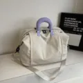 Large capacity travel duffel bag with purple handles, expandable gym and overnight luggage bag. - White