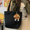 Japanese minimalist casual canvas bag, women's large capacity autumn tote shoulder bag. - With Long Leg Hamburger Coin Purse / Black