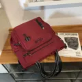 Wine red canvas multi-functional tote bag casual student shoulder crossbody bag with zipper pockets - Tote Crossbody Bag / Red