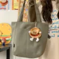 Japanese style simple casual canvas tote bag for women, large capacity student commuter shoulder bag. - With Long Leg Hamburger Coin Purse / Green
