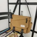 Japanese workwear khaki canvas messenger bag, large capacity casual shoulder bag for daily use. - Khaki