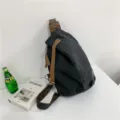 Μαύρη τσάντα χιαστί από καμβά με καφέ λουράκια, casual ρετρό πολυλειτουργική τσάντα στήθους. - Μαύρο