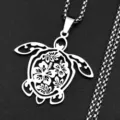 Collar de tortuga marina de acero inoxidable con colgante floral, detalle de joya retro estilo. - Plateado