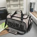 Beige Large Capacity Travel Duffel Bag Gym Sport Bag with Mesh Pocket for Men and Women - Khaki