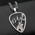 Stainless steel guitar pick pendant necklace featuring cool rock music pattern and black design. - Silver