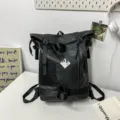 Black roll-top backpack large capacity travel casual daypack with multiple straps daily - Black