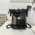 Waterproof roll-top backpack for daily travel, large capacity school bag with fashion design. - Black and Brown Patchwork