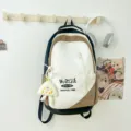 Stylish color-block canvas backpack for women and students, large capacity daily school bag. - Black Coffee Large Size with Plush Pendant