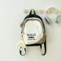 Canvas School Backpack Color Block Casual Daypack for Women Girls Student Bookbag - Black Coffee Small Size with Plush Pendant