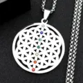 Collier pendentif Fleur de Vie en acier inoxydable avec pierres de cristal chakra detail. - Style A / Argent
