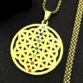 Détail de pendentif fleur de vie en acier inoxydable doré montrant une géométrie sacrée cristaux. - Style A / Or
