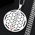 Collier pendentif fleur de vie en acier inoxydable avec cristaux multicolores brillants. - Style B / Argent